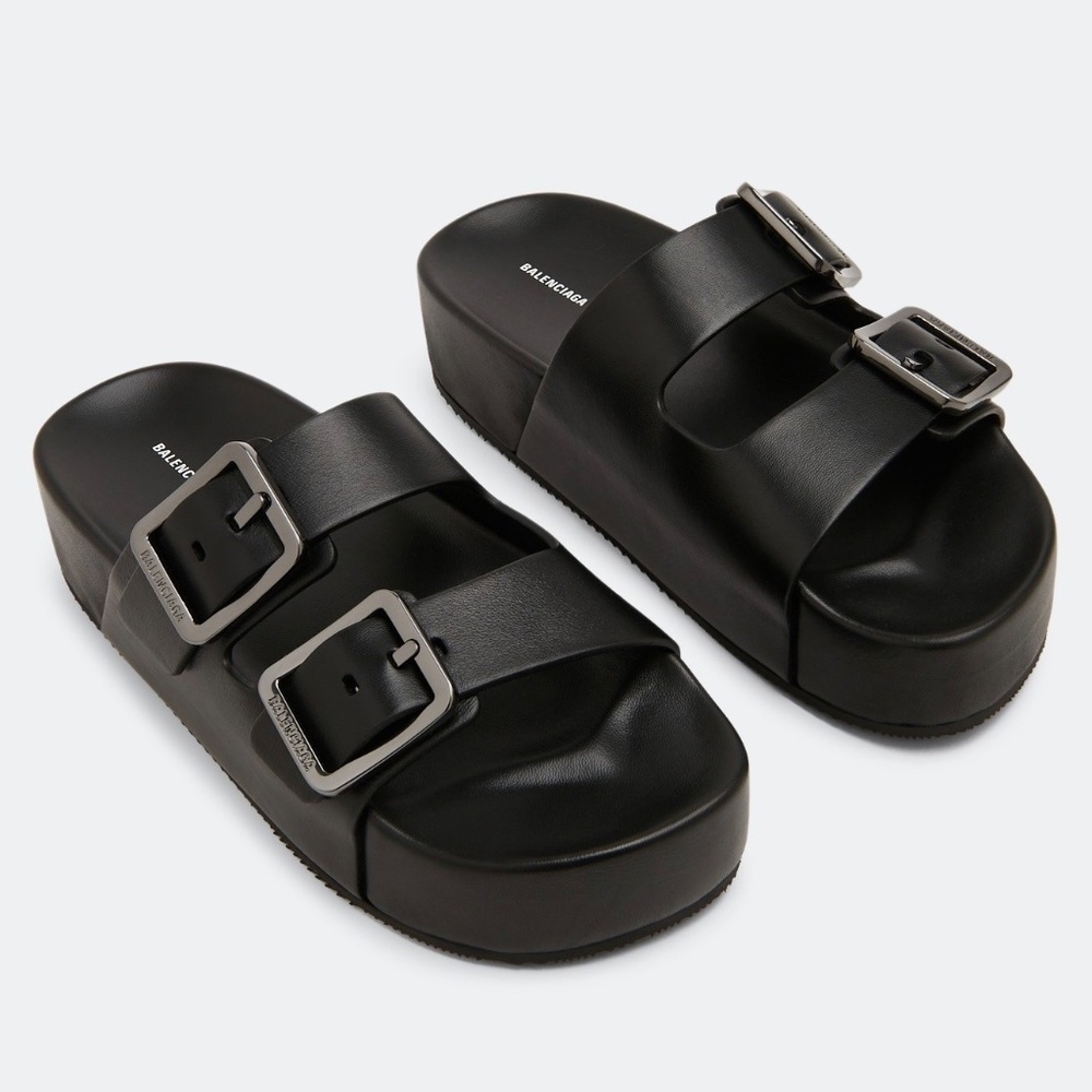 BALENCIAGA Mallorca Platform Leather Sandals Slides Black Size 37 US 7 - Picture 1 of 6